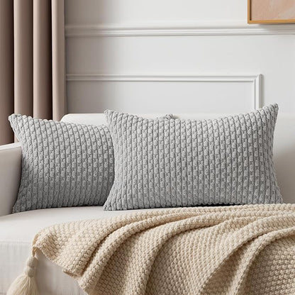 Kevin Textile 12x24 Inch Pillow Cover 1 Pack Boho Decorative Soft Striped Corduroy Lumbar Farmhouse Solid Color Accent Rectangle Cushion Case for Living Room Couch Sofa Bed, Light Grey