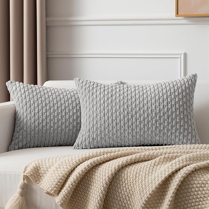 Kevin Textile 12x20 Inch Pillow Cover 1 Pack Boho Decorative Soft Striped Corduroy Lumbar Farmhouse Solid Color Accent Rectangle Cushion Case for Living Room Couch Sofa Bed, Light Grey