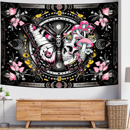 Delur Skeleton Butterfly Tapestry Pink Goth Skull Hippie Mushroom Plants Floral Boho Tapestry Fantasy Abstract Moon Phase Flower Wall Hanging Headboard for Bedroom Living Room Home Decor (59.1" x 78.7")