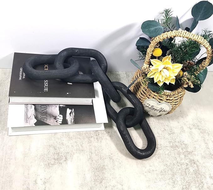 Decor Wood Knot, Home Shelf Decor, Wood Chain 3 Link Decor, Hand Carved Home Decorations for Living Room, Farmhouse Coffee Table Decor (5-Ring Black)