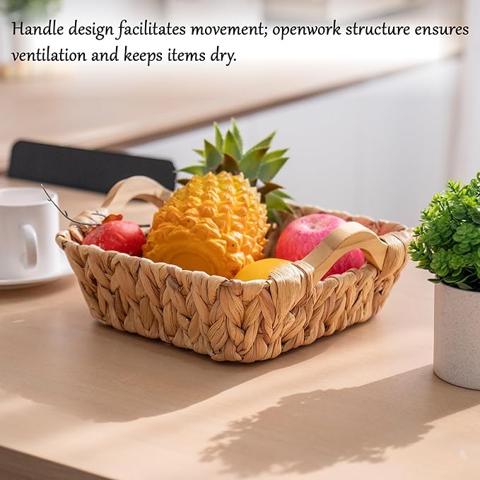 Square Water Hyacinth Basket with Wooden Handles, Small Woven Storage Organizer for shelf