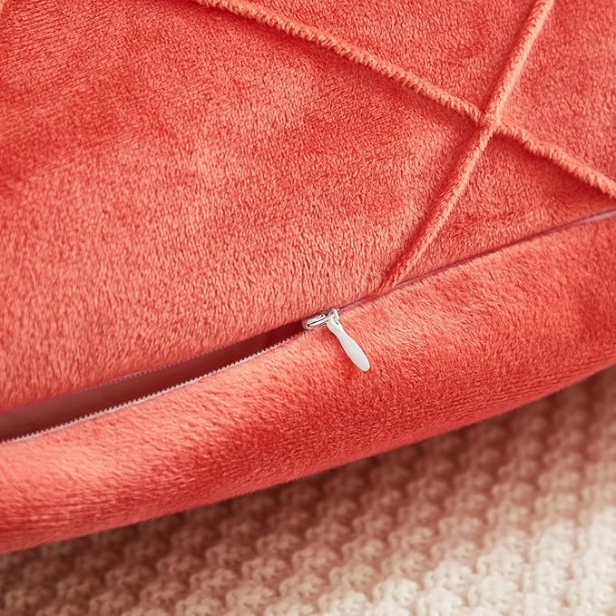 JAUXIO Diamond Pinch Pleated Crystal Velvet Pillowcases 2 Pack Solid Pintuck Throw Cushion Cover for Home Decor Hidden Zipper Closure (Coral Orange, Standard)