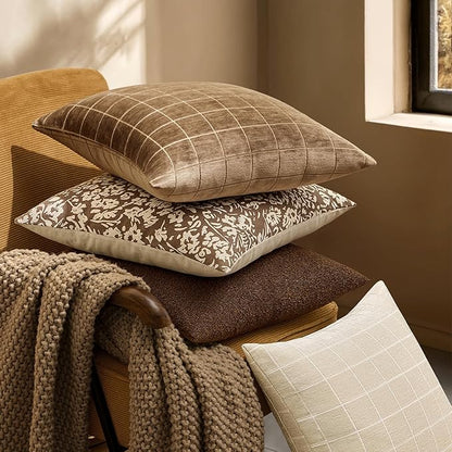 MIULEE Decorative Chenille Check Throw Pillow Covers Vintage Plaid Couch Pillows 18x18 Inch Set of 2 Neutral Boho Farmhouse Cushion Covers Modern Home Decor for Sofa Bed Living Room Toffee