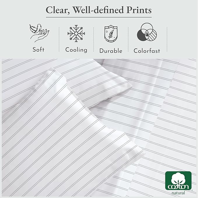 California Design Den Stripe Twin Sheets Set, 100% Cotton Deep Pocket Twin Size Sheets & Pillowcase Set. Soft Sateen Weave - Classic Stripe