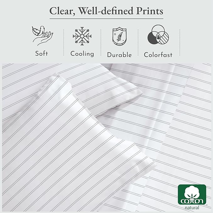 California Design Den Stripe Sheets Queen Size, 100% Cotton Sateen Printed Pattern, Deep Pocket Queen Sheets & Pillowcase Set - Classic Stripe