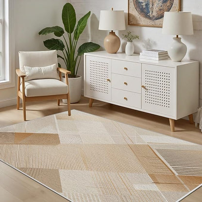 Minimalist Abstract Area Rug 6x8 Brown Boho, Modern Washable Stripe Art Rugs, Soft Non-Slip Low-Pile Carpet for Living Room, Bedroom, Kitchen, Dining Room, Pet Friendly, Non-Shedding, Beige