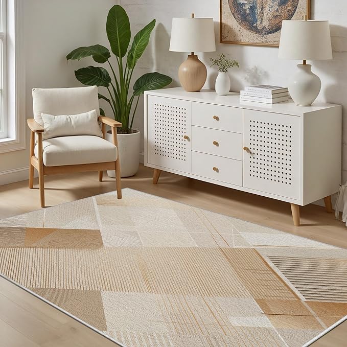 Minimalist Abstract Area Rug 3x4 Brown Boho, Modern Washable Stripe Art Rugs, Soft Non-Slip Low-Pile Carpet for Living Room, Bedroom, Kitchen, Dining Room, Pet Friendly, Non-Shedding, Beige