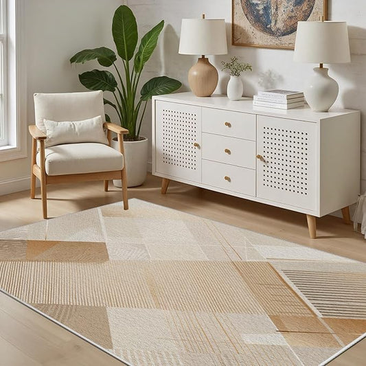 Minimalist Abstract Area Rug 8x10 Brown Boho, Modern Washable Stripe Art Rugs, Soft Non-Slip Low-Pile Carpet for Living Room, Bedroom, Kitchen, Dining Room, Pet Friendly, Non-Shedding, Beige