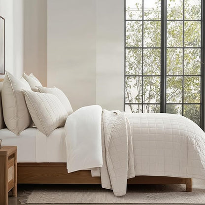 EVERGRACEHOME 100% Cotton Box Stitch Quilt Bedding Set Queen Size 3 Pieces, Garment-Washed Lightweight Soft Cozy Coverlet, Quilted Bedspread Sets with 2 Shams for All Season, Birch