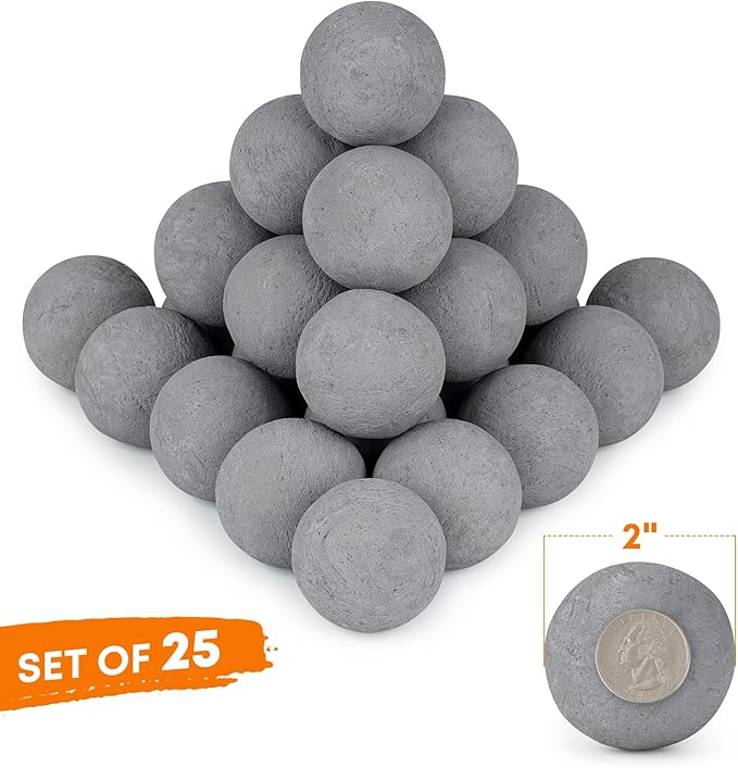 Stanbroil 2 inch Ceramic Balls, Set of 25 Round Balls, Modern Accessory for Indoor or Outdoor Fire Pits Fire Bowl and Fireplace, Gray