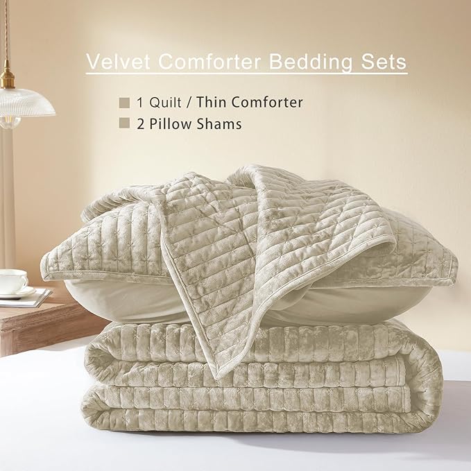 LEAONME Velvet Quilt Set Full/Queen Size 90''x98'', Lightweight Beige Velvet Comforter Set with 2 Matching Shams, Soft Cross Stitch Bedspread Coverlet Bedding Set for All Season