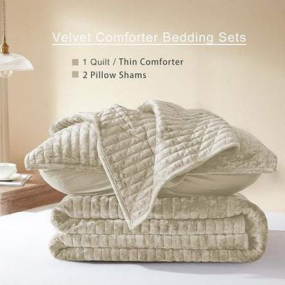 LEAONME Velvet Quilt California King Size 118''x106'', Lightweight Beige Velvet Comforter Set with 2 Matching Shams, Soft Cross Stitch Bedspread, Oversized King Quilt Set for All Season