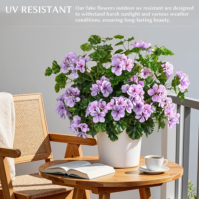 Artificial Flowers for Outdoors Artificial Geraniums for Indoor Fake Flowers Uv Resistant Artificial Outdoor Flowers Suitable for Indoor Home Decor Outdoor Garden Decor (Purple, 8PCS,17.7In)