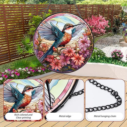 Rngmsi Hummingbird Flower Stained Glass Window Hanging, 7.8″ Sun Catchers with Hook Indoor Window Decor, Decorative Suncatchers Home Garden Art Gift for Bird Lovers Housewarming