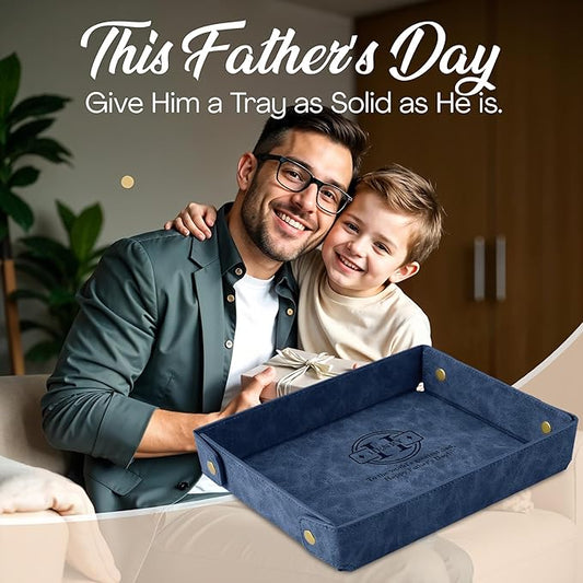 Engraved Father’s Day Leather Valet Tray – Personalized Leather Catch All with Custom Name – Men’s Valet Tray Organizer for Keys, Watches, and Jewelry – Unique Dad Gift from Daughter or Son - Blue