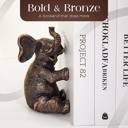 Decorative Vintage Elephant Bookends with Non-Slip Padding for Shelves to Hold Books - Heavy Duty Resin Book Holders for Bookshelf Decor, Home, Office, Living Room – 4” L x 4” W x 7”H