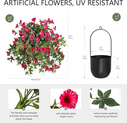Artificial Flowers Artificial Petunias for Outdoors Artificial Hanging Plants Outdoor Silk Flowers with Stems Outdoor Flowers Uv Resistant for Porch Decor Terrace Decor，Rose Red with Pot 2PCS