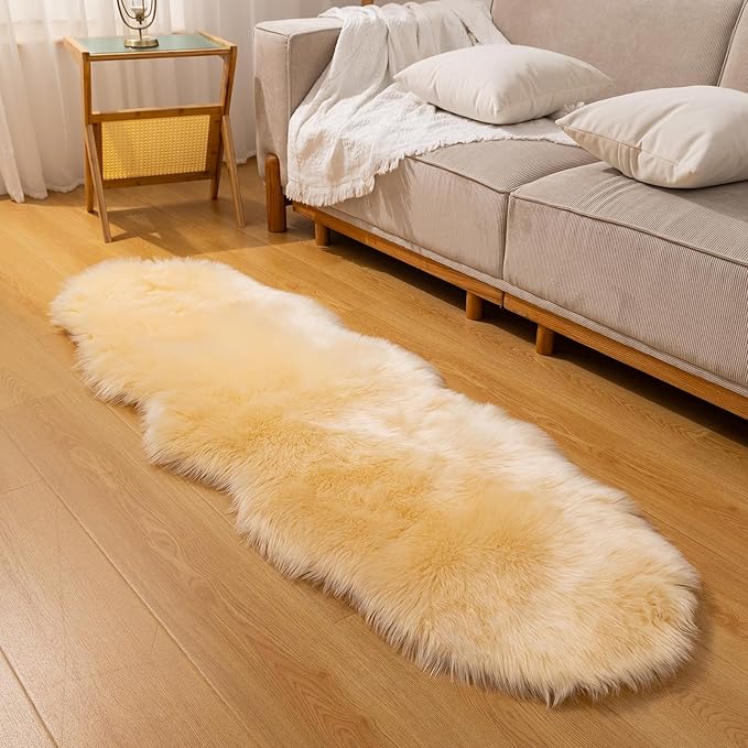 Faux Fur Rug Runner 2x6 ft Beige - Machine Washable Super Soft Plush Shaggy Fluffy Area Carpet,Sheepskin Rug Fuzzy Floor Mat for Bedroom, Sofa,Living Room, Bedside, Nursery & Kids Room