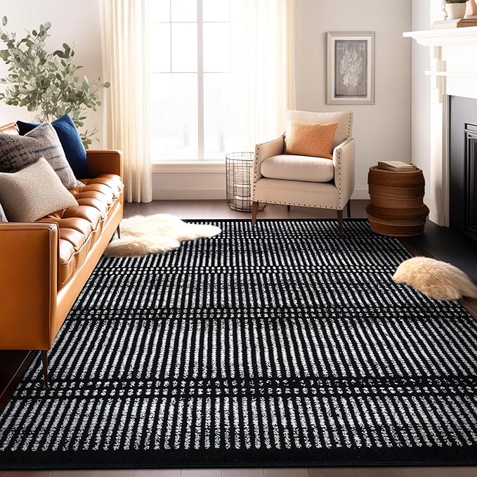 Rugshop Contemporary Stripe Lines High Traffic Living Room,Bedroom,Kitchen, Home Office Area Rug 7'10" x 10' Black