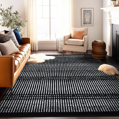 Rugshop Contemporary Stripe Lines High Traffic Living Room,Bedroom,Kitchen, Home Office Area Rug 7'10" x 10' Black