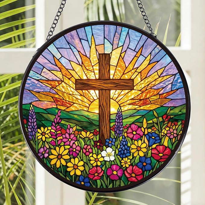Rngmsi Christian Glass Window Hanging, 8 Inch Sun Catcher Cross Religious Gift for Housewarming, Decorative Suncatchers Gifts for Women Men Wall Art Home Decor