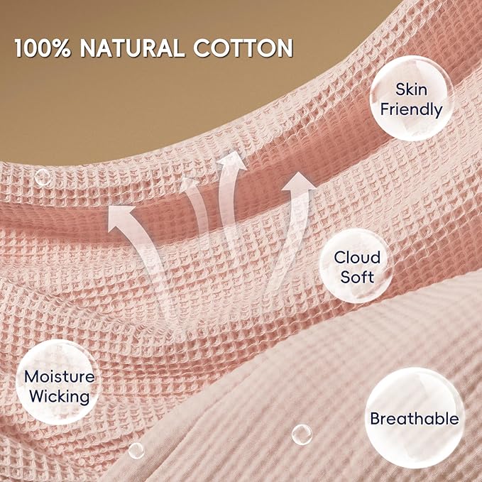 PHF 100% Cotton Waffle & Muslin Throw Blanket Large, Soft Breathable Luxury 400GSM Versatile Reversible Bedding for Couch, Great for Layering in Cold Weather, Home Decor Gift, 50" x 70", Rose Smoke
