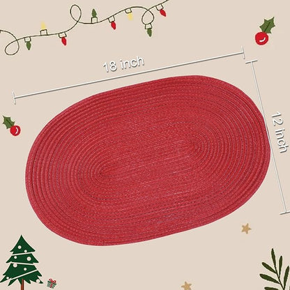 Noctiflorous Oval Braided Placemats Set of 4 Woven 12x18 Inch Non Slip Washable Heat Resistant Place Mats Round Tablemats for Dining Kitchen Party Daily Table Decor Dinner Mats (Red, 4)