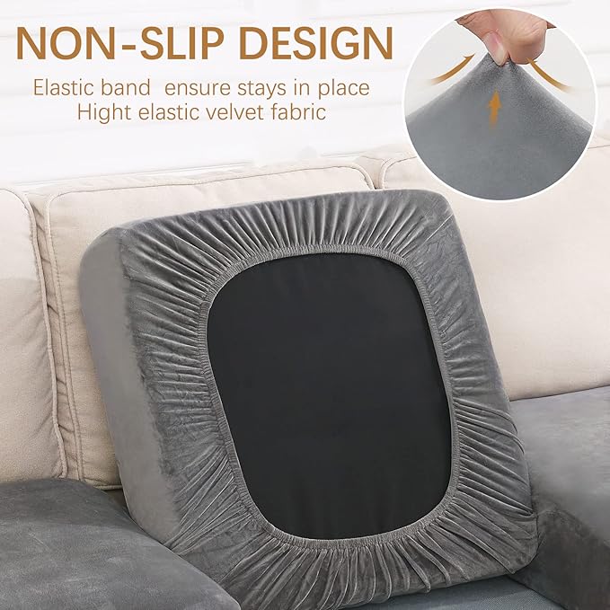 hyha Velvet Couch Cushion Covers, Stretch Chaise Lounge Sectional Couch Seat Covers L Shape for Sectional Sofa, Soft Sofa Cushion Slipcover Washable with Elastic Bottom(XL Chaise, Grey)