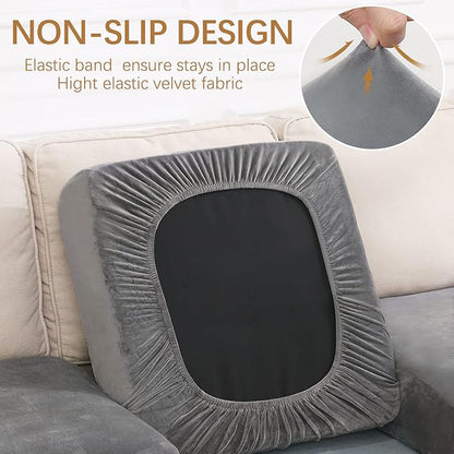 hyha Velvet Couch Cushion Covers, Stretch Chaise Lounge Sectional Couch Seat Covers L Shape for Sectional Sofa, Soft Sofa Cushion Slipcover Washable with Elastic Bottom(XL Chaise, Grey)