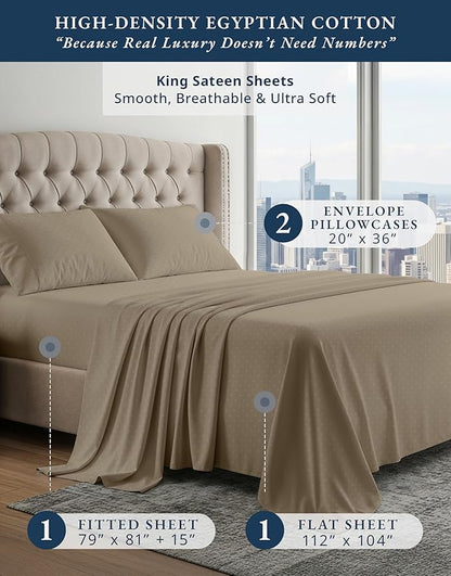 100% Egyptian Cotton Sheets King Size– Silky Sateen Weave for All Season Comfort, 15" Deep Pocket King Sheet Set, OEKO-TEX Certified, Fade Resistant, Durable Hotel Comfort at Home -Swiss Dot Taupe