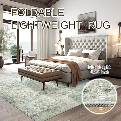 Abstract Rug 8x10 Large Living Room Rugs Neutral Modern Washable Area Rugs for Bedroom Dining Room Non-Slip Stain Resistant Foldable Thin Rug Green