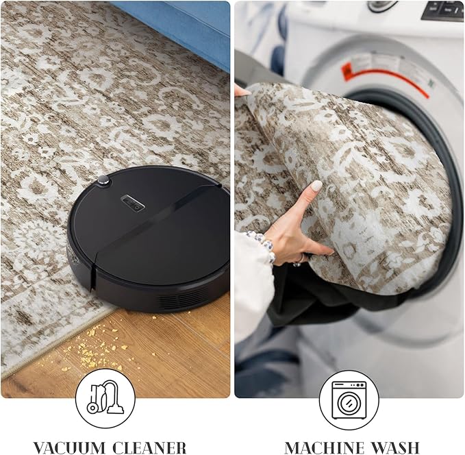 Vintage 4x6 Living Room Washable Rug, Beige Tan White Non-Slip Soft Bedroom Area Rug Thin Printed Faux Wool Floor Super Soft Carpet Throw Rugs for Nursery Playroom Dining Room Indoor Office