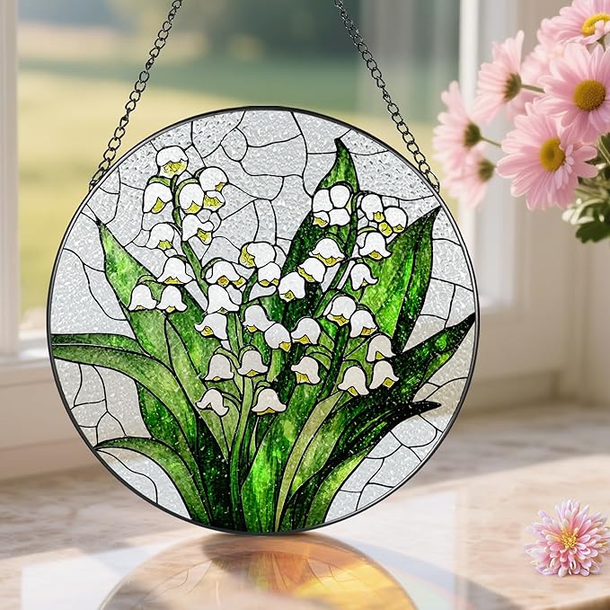 Lily of The Valley Flower Stained Glass Suncatcher, Stained Glass Window Hanging, 8 Inch Green Plants Suncatcher Decor, Gifts for Mother's Day, Mom Gift, Grandma Gift, Gifts Idea