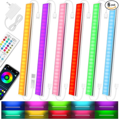 6 Pcs RGB Under Cabinet Lights Kit, Smart App and Remote Control Under Cabinet Lighting, Dimmable Under Counter Lights for Kitchen, Plug in LED Lights Bar for Cabinet, Counter, Workbench, Desk