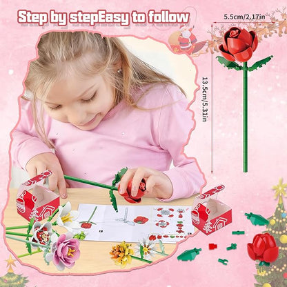 Flower Bouquet Building Blocks Set - 24-Day Countdown Calendar for Spring, Valentine's Day, Mother's Day & Christmas - DIY Colorful Roses & Tulips Building Home Decor for Women, Teens, Mom