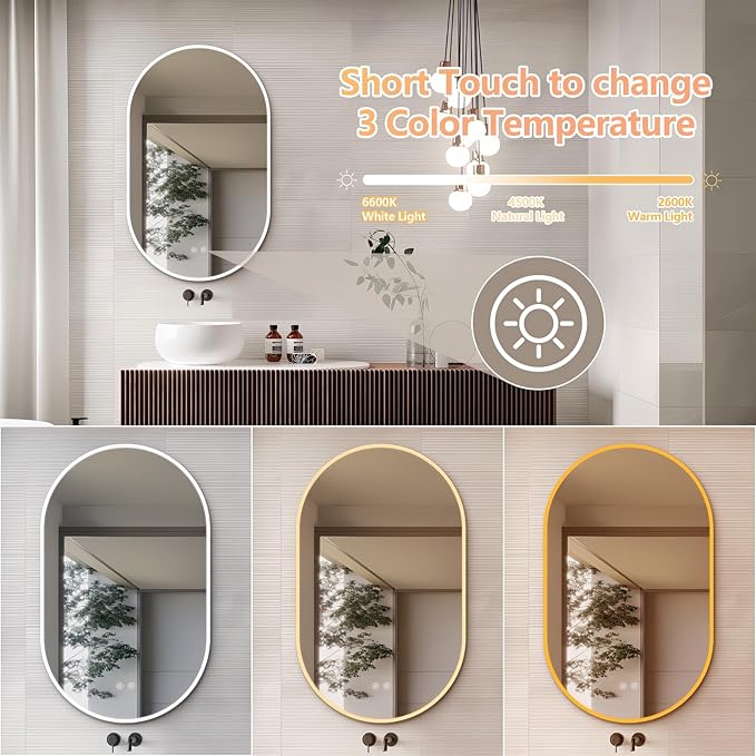 Niccy Oval LED Bathroom Vanity Mirror, 40"x24" Front lit Mirror with Light, Smart Anti-Fog Waterproof Mirror with Memory Function Dimmable Lighted Mirror