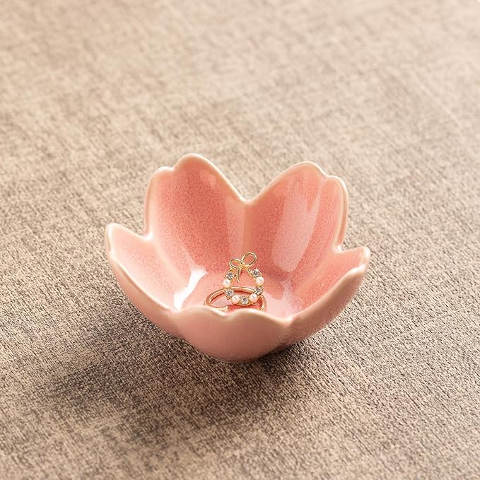 Flower Shaped Jewelry Organizer - Ceramic Ring Dish for Earrings Necklaces Bridal Gift for Women (pink)