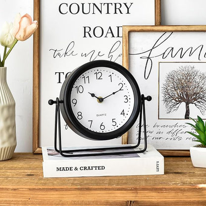 Vintage Black Table Clock - Decorative Battery Operated Desk Clock with Stand, Silent Non-Ticking for Living Room Shelf Decor, 8.6 x 7.8 Inches