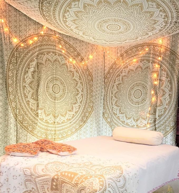 raajsee Glittering Gold Tapestry Wall Hanging Mandala- Indian Cotton Throw Hippie Tapestries - Boho Bedding White Golden Queen Bedspread 82x92 inches-Meditation Yoga Rugs Mats
