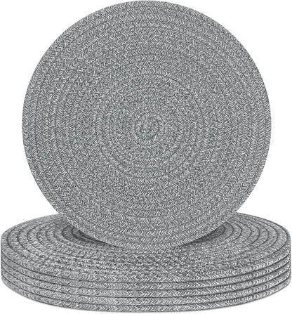 Round Placemats Set of 6, Cotton Rope Woven Table Mats, Hot Pads for Kitchen, Non Slip Heat Resistant Place Mats, 13 Inches Braided Placemat for Farmhouse Decor and Kitchen Table Decor (Gray)