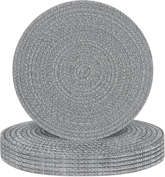 Round Placemats Set of 6, Cotton Rope Woven Table Mats, Hot Pads for Kitchen, Non Slip Heat Resistant Place Mats, 13 Inches Braided Placemat for Farmhouse Decor and Kitchen Table Decor (Gray)
