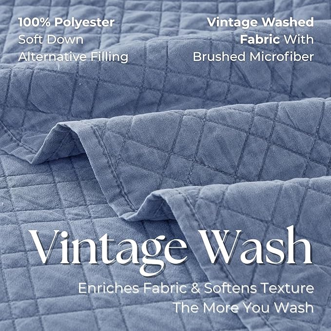 DOWN HOME King Quilt Set with Shams Lightweight Quilted Bedspread Coverlet Thin Comforter Bed Cover Vintage Washed Quilted Blanket for All Season, Brushed Microfiber Diamond Stitching, Blue, 104"x92"