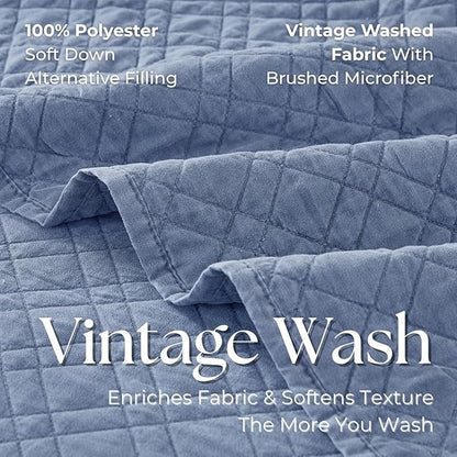 DOWN HOME King Quilt Set with Shams Lightweight Quilted Bedspread Coverlet Thin Comforter Bed Cover Vintage Washed Quilted Blanket for All Season, Brushed Microfiber Diamond Stitching, Blue, 104"x92"