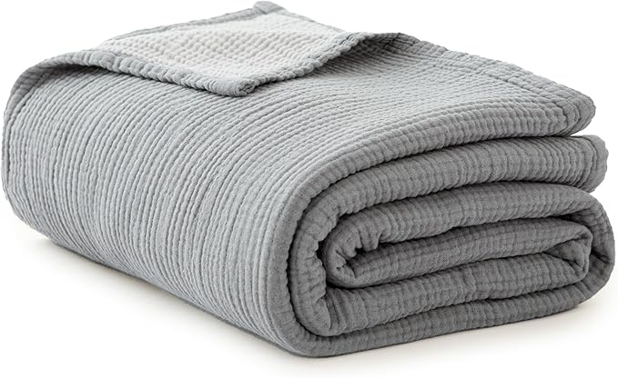 Simple&Opulence 100% Cotton Muslin Blanket Queen Size, Lightweight Breathable 4 Layering Gauze Blanket for Bed Couch Camping, Soft Bedspread Coverlet All-Season Use (Grey, 88" x 92")