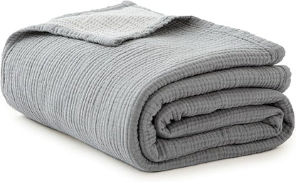 Simple&Opulence 100% Cotton Muslin Blanket Queen Size, Lightweight Breathable 4 Layering Gauze Blanket for Bed Couch Camping, Soft Bedspread Coverlet All-Season Use (Grey, 88" x 92")