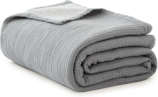 Simple&Opulence 100% Cotton Muslin Blanket Twin Size, Lightweight Breathable 4 Layering Gauze Blanket for Bed Couch Camping, Soft Bedspread Coverlet All-Season Use (Grey, 68"x86")
