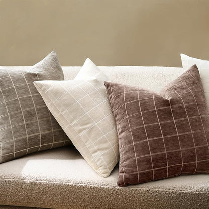 MIULEE Decorative Chenille Check Throw Pillow Covers Vintage Plaid Couch Pillows 20x20 Inch Set of 2 Neutral Boho Farmhouse Cushion Covers Modern Home Decor for Sofa Bed Living Room Reddish Brown