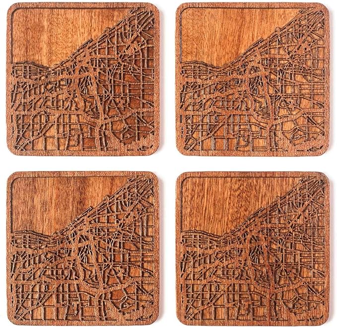 Cleveland Map Coaster, Set of 4, Sapele Wooden Coaster with city map, Multiple city optional, Handmade