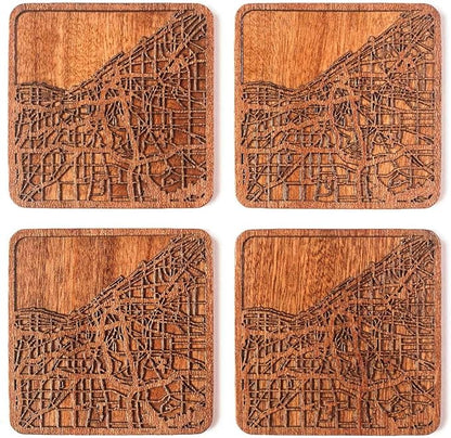 Cleveland Map Coaster, Set of 4, Sapele Wooden Coaster with city map, Multiple city optional, Handmade