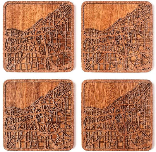 Cleveland Map Coaster, Set of 4, Sapele Wooden Coaster with city map, Multiple city optional, Handmade